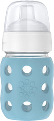 Lifefactory denim wide-neck bottle with silicone sleeve for secure grip.