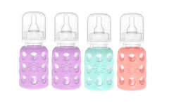 Lifefactory glass baby bottle with lavender sleeve front view shows a grippy, colorful feeding option