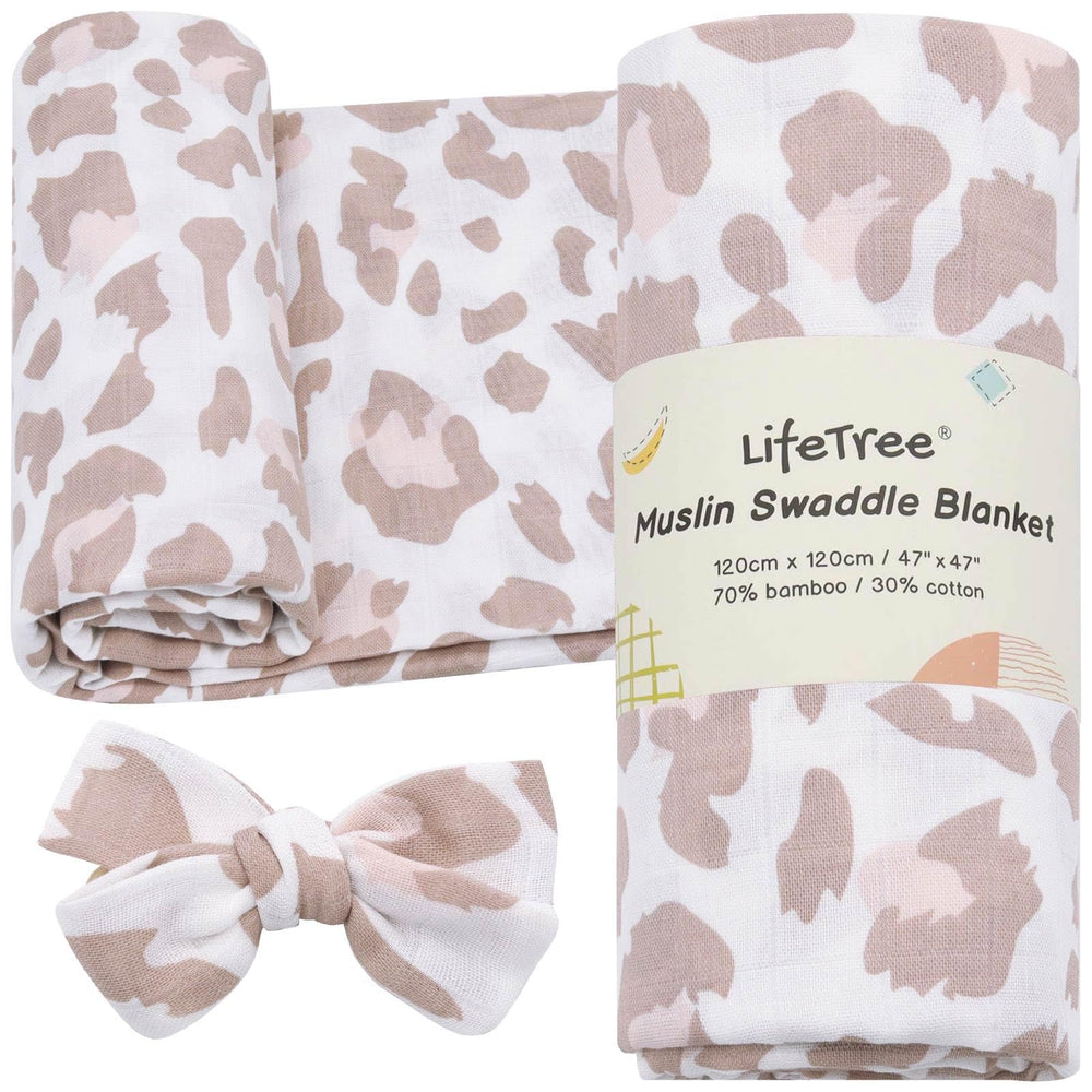 LifeTree baby muslin swaddle blanket in blush leopard for gentle comfort.