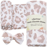 LifeTree baby muslin swaddle blanket in blush leopard for gentle comfort.