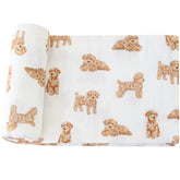 LifeTree dog print baby swaddle with a poodle motif for secure newborn wrapping.