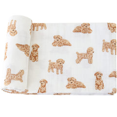 LifeTree dog print baby swaddle with a poodle motif for secure newborn wrapping.