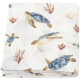 LifeTree sea turtle print swaddle blanket in soft bamboo-cotton fabric for newborns.