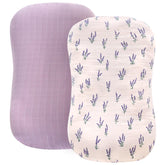 LifeTree muslin baby lounger cover with lavender pattern, breathable organic cotton for newborn comfort.