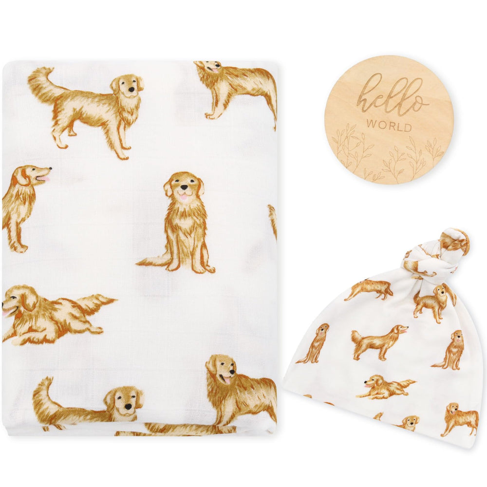LifeTree muslin swaddle blanket with golden retriever pattern offers newborn comfort.