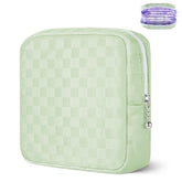 Likesing mini makeup bag front view in green checkered fabric, portable purse companion
