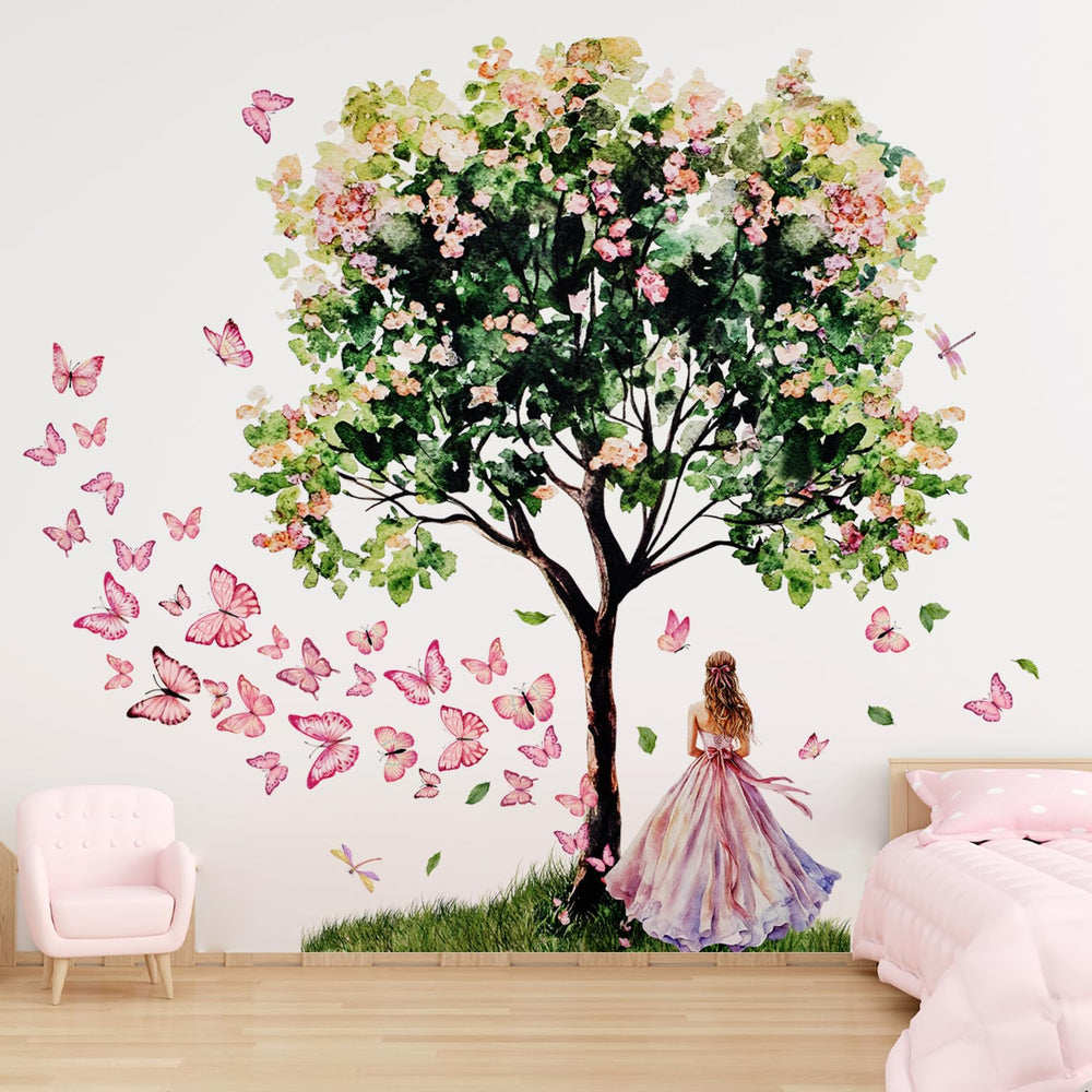 Lilacanthara flower tree wall sticker with butterflies, ideal for a dreamy nursery space.