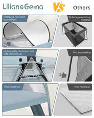 Lilian&Gema 2-in-1 Travel Crib includes UV sunshade for outdoor protection.