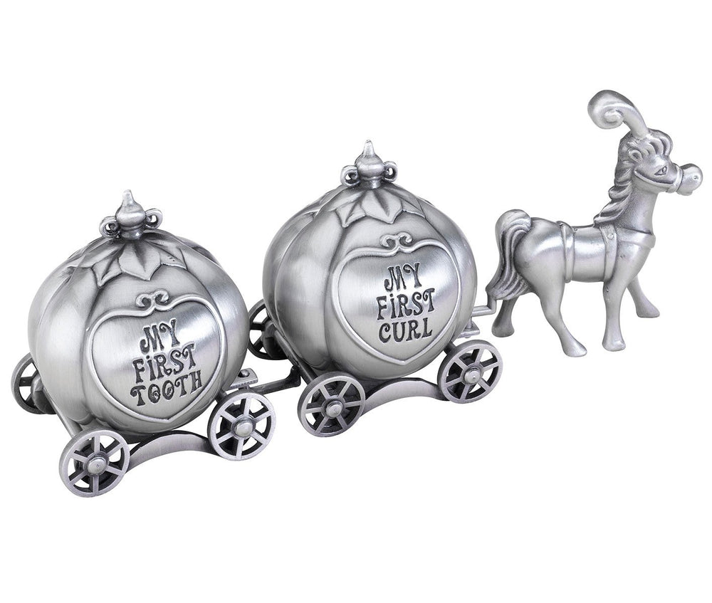 The Lillian Rose fairytale coach tooth and curl box with blue velvet interior protects keepsakes.