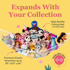 Lilly's Love space-saving hammock expands to hold large plush collections.