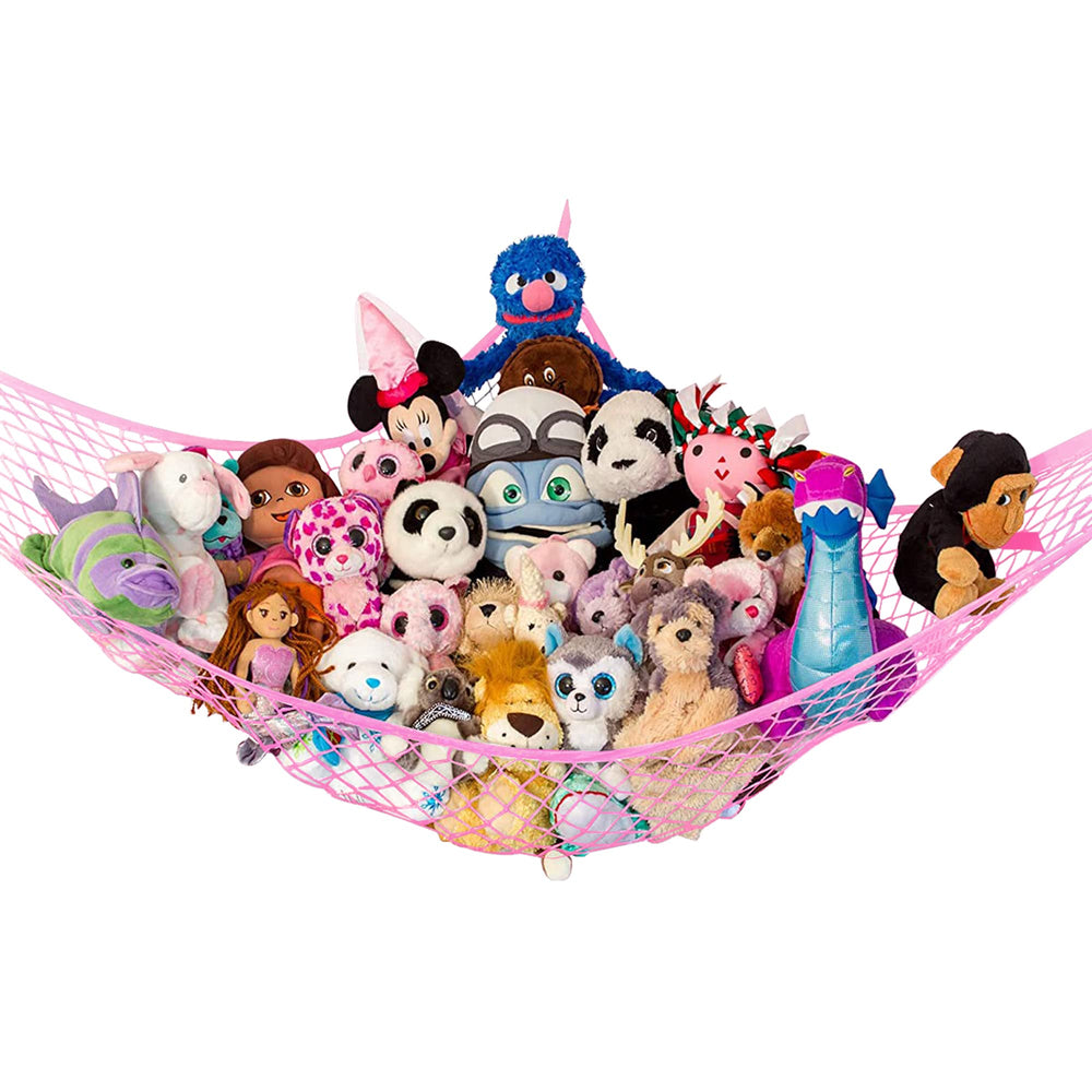 Lilly's Love stuffed animal hammock corner setup keeps plush toys neatly organized.