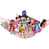 Lilly's Love stuffed animal hammock corner setup keeps plush toys neatly organized.