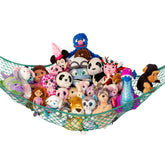 Lilly's Love stuffed animal hammock corner organizer with plush toys neatly displayed.