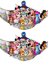 Lilly's Love stuffed animal hammock in corner storage organizing plush toys.