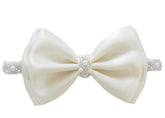 LilPinkGoose baptism headband with white satin bow for christening photos