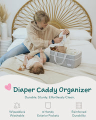 Lily Miles large capacity caddy holds diapers, wipes, and nursing items at hand