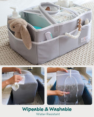 Lily Miles caddy with removable dividers helps organize diapers and lotions