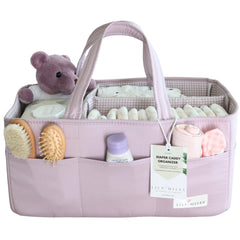 Lily Miles diaper caddy in Rosy Lilac, front view for organized changing station