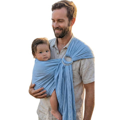 Lilymoon organic baby ring sling in Azure Sky for all-day comfort and close baby contact.