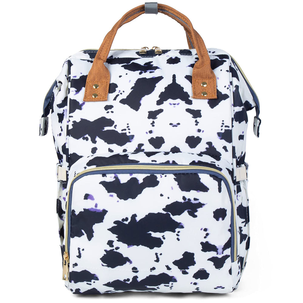 LIMHOO diaper bag backpack with cow pattern and roomy compartments for on-the-go essentials.