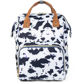 LIMHOO diaper bag backpack with cow pattern and roomy compartments for on-the-go essentials.