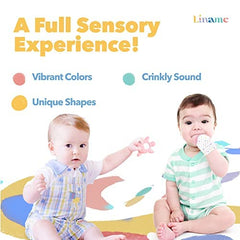 Liname teething mitten features high-contrast colors to stimulate senses.
