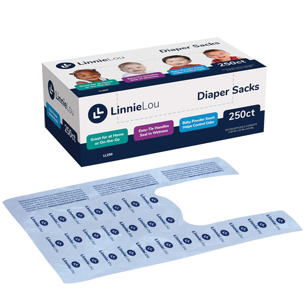 LinnieLou 250-pack diaper sacks for quick on-the-go disposal and mess containment.