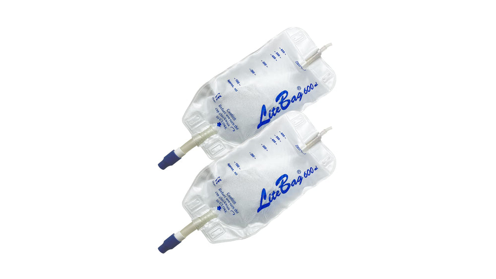 LiteBag urine drainage bag with 600ml capacity and anti-reflux valve for secure drainage.