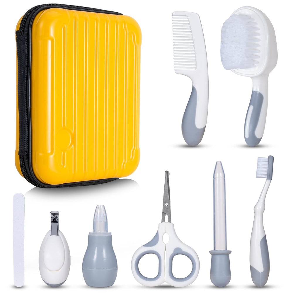 Little Angel baby care kit with yellow case keeps grooming organized.