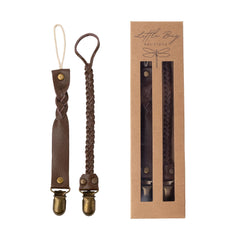 Little Bug Boutique mocha brown leather pacifier clip with bronze clip keeps pacifier attach-ready
