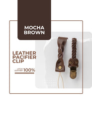 Close-up of mocha brown leather clip showing durable cotton string and secure grip