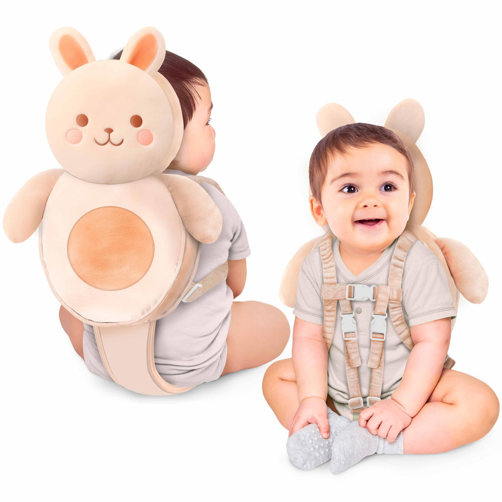 Little Family head protector backpack front view showing extra head protection during falls.