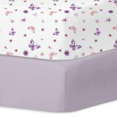 Little Grape Land crib sheets two-pack on a standard crib, soft and cozy