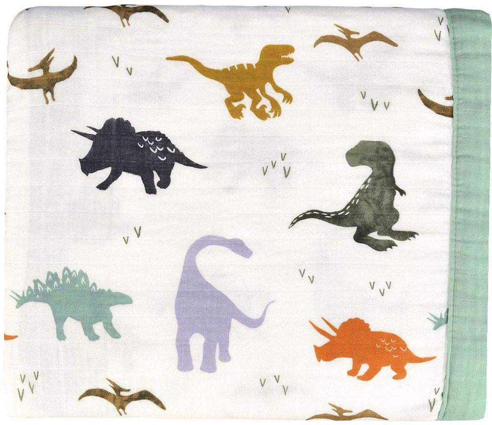 Little Jump Dinosaur Muslin Blanket folded, silky-soft texture for cozy cuddles.