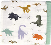 Little Jump Dinosaur Muslin Blanket folded, silky-soft texture for cozy cuddles.