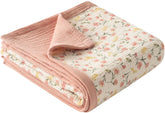Little Jump Peach Floral Muslin Blanket close-up shows soft breathable cotton for cozy baby snuggles.