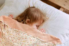 Little Jump muslin blanket peach floral folded display emphasizes large 47x47 size for versatile use.