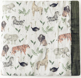Little Jump Muslin Quilt Jungle Print blanket provides oversized coverage for cozy naps.
