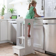 Little Partners Foldable Toddler Tower folded storage demonstrates compact design for small spaces.