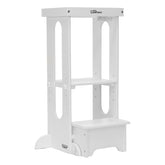 Little Partners Foldable Toddler Tower front view shows sturdy LVL wood and safe cooking access.