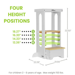 Little Partners Foldable Tower height guides illustrate four adjustable levels for growing kids.