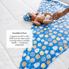 Blue Breakfast Buddies swaddle print highlights playful design and versatility.