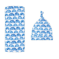 Little Sleepies blue rainbows swaddle blanket for cozy newborn comfort.