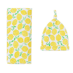 Little Sleepies Lemons swaddle blanket close-up, buttery-soft viscose for newborn comfort.