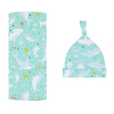 Little Sleepies Shark Soiree swaddle blanket shows breathable bamboo comfort for naps.