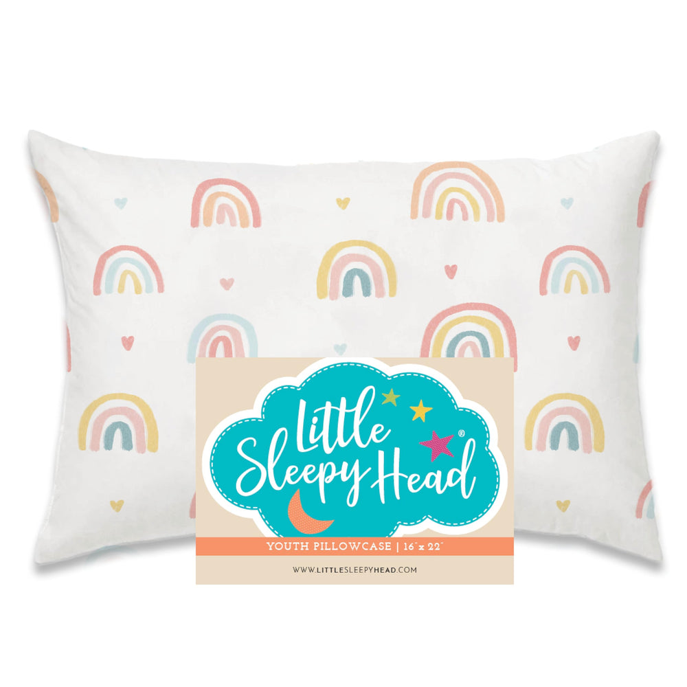 Little Sleepy Head rainbows youth pillowcase 16x22 close-up showcases premium cotton and snug fit.