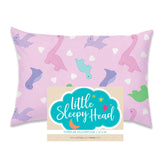 Little Sleepy Head pink dinosaurs toddler pillowcase on a 13x18 pillow, soft cotton feel.