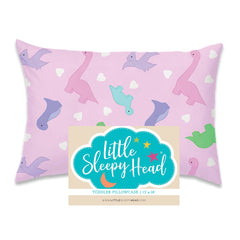 Little Sleepy Head pink dinosaurs toddler pillowcase on a 13x18 pillow, soft cotton feel.