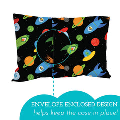Little Sleepy Head travel-pillow-cover on 16x22 case stays put on the go.