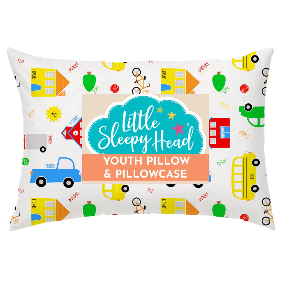 Little Sleepy Head youth pillow 16x22 with vibrant cover supports growing necks.